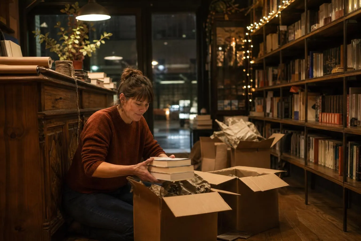 Libraire agenouillée près de la caisse un soir de décembre, sortant des livres de cartons de réassort ouverts.