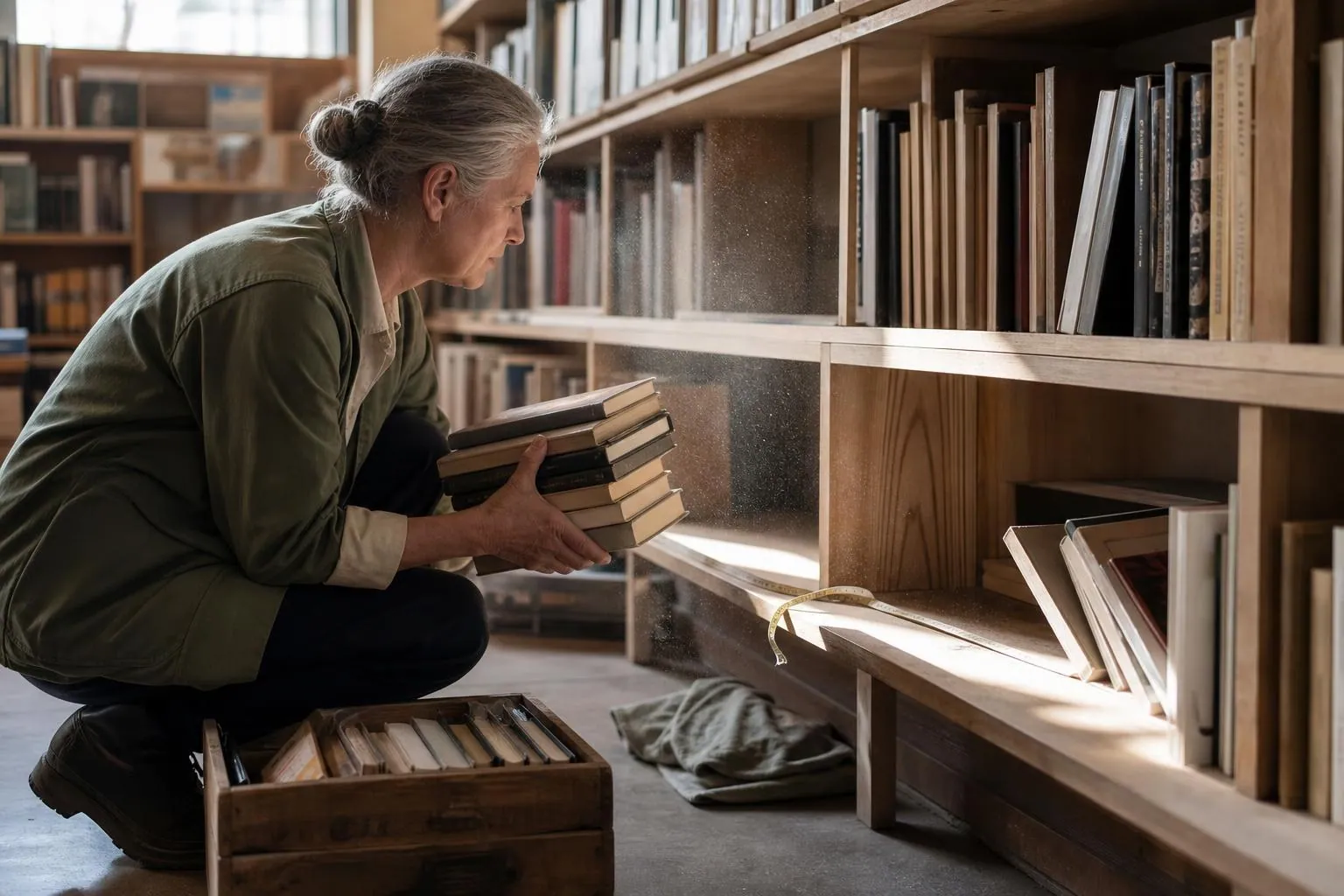 Libraire accroupie retirant une brassée de livres poussiéreux d’une étagère basse, un mètre ruban déroulé sur la tablette vidée.