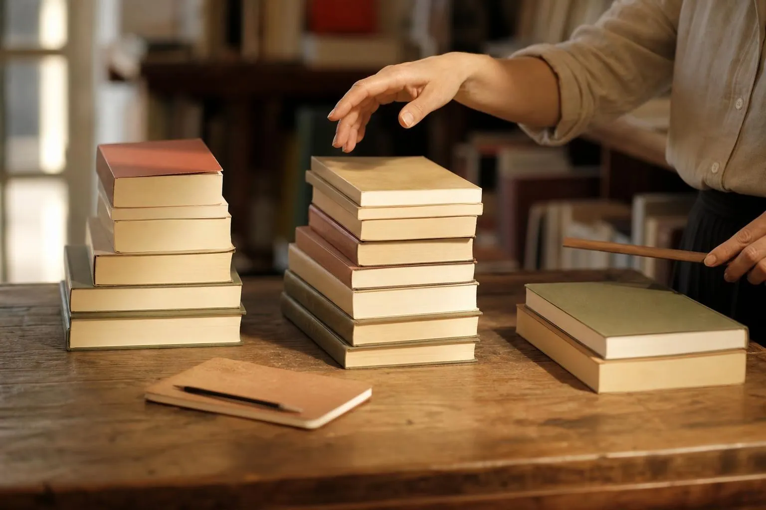 Trois piles de livres distinctes posées sur un comptoir de librairie, une main féminine suspendue au dessus de la pile du milieu.