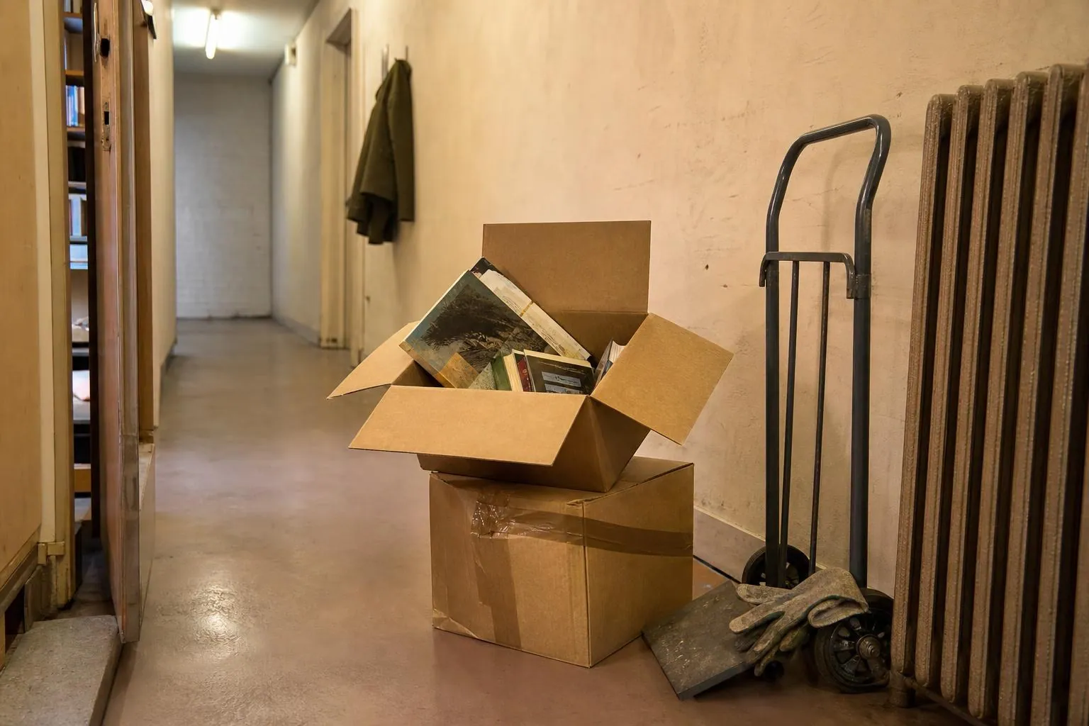 Deux cartons de retour mal empilés dans un couloir de réserve, l’un scellé de travers, l’autre ouvert avec des livres de formats différents.