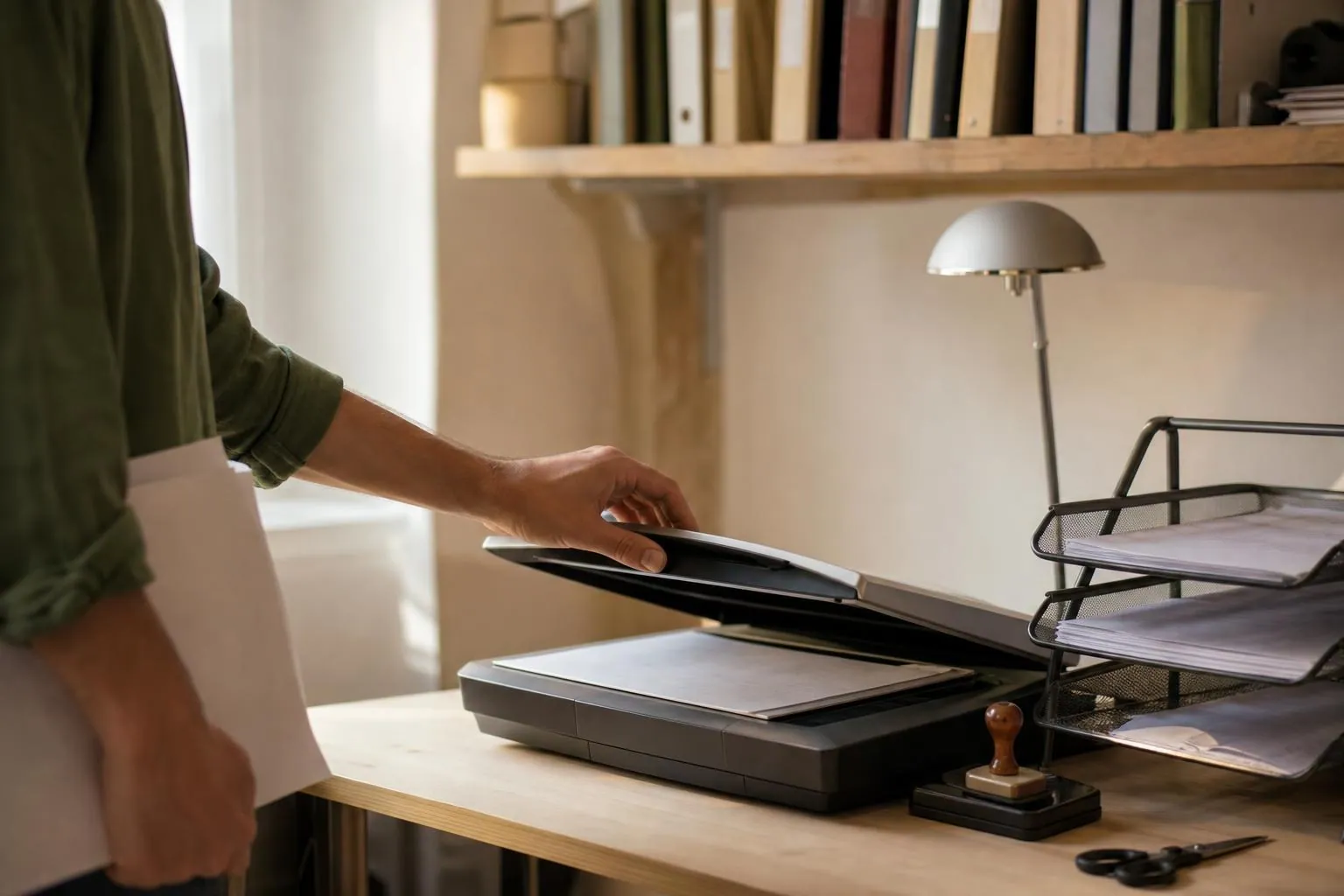 Main refermant le capot d’un scanner à plat sur une liasse de factures papier, dans le bureau de réserve d’une librairie.