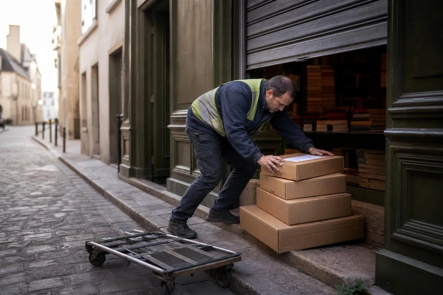 Livreur déposant une pile de cartons de livres sur le seuil d’une librairie au petit matin, rideau métallique à demi relevé.