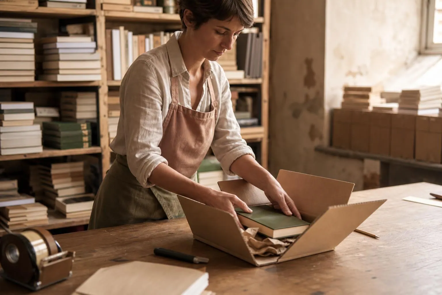 Libraire en tablier de toile déposant un livre à plat dans un carton de retour ouvert sur une table de tri en bois.