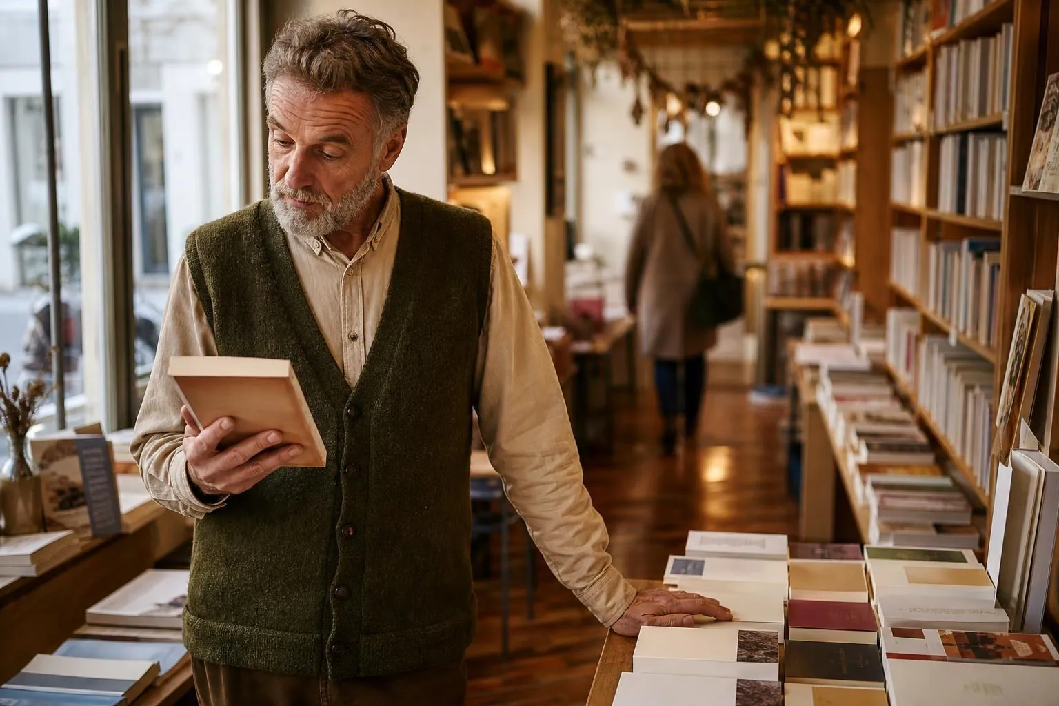 Libraire d’une cinquantaine d’années debout devant une table de nouveautés, retournant un livre pour en lire la quatrième de couverture.