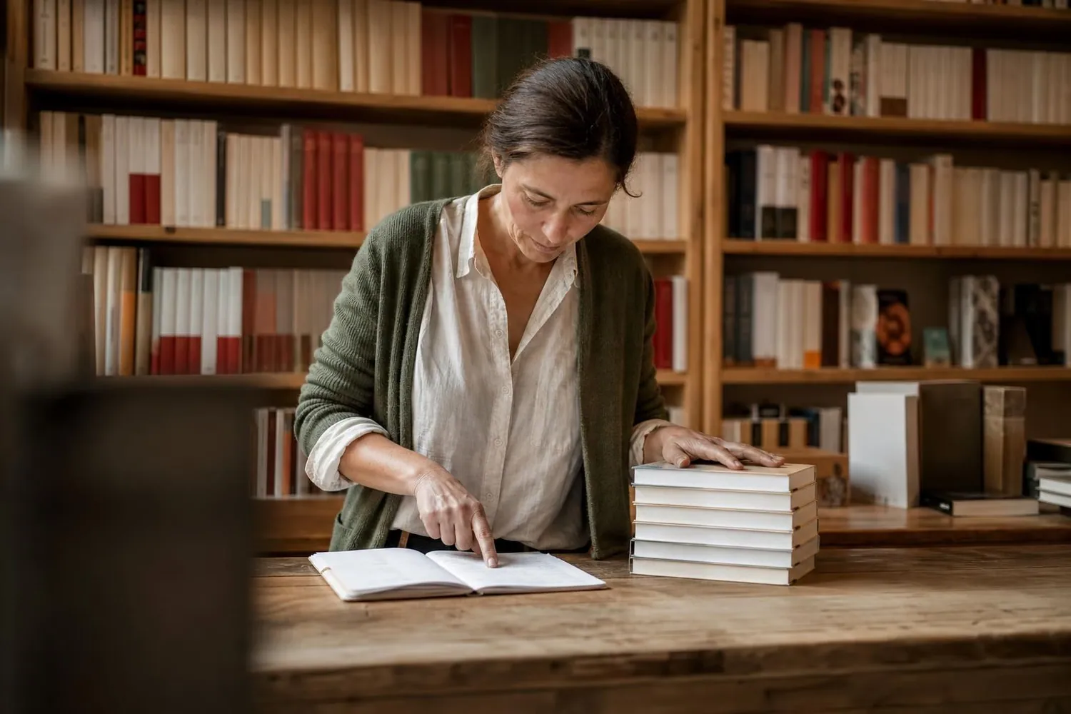 Libraire debout derrière le comptoir de bois de sa librairie, pointant du doigt une ligne de son carnet de réceptions ouvert, la main posée sur une pile de livres neufs, rayonnages garnis derrière elle