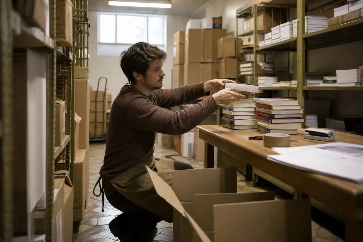 Libraire en tablier, accroupi dans la réserve, posant un livre sur l’une des piles triées d’une table de travail, un carton de retour ouvert devant lui et des cartons d’office sur les rayonnages métalliques